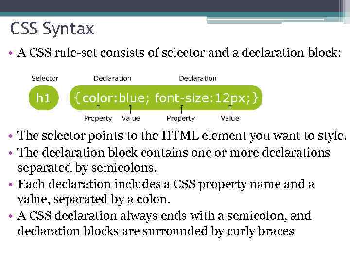 CSS Syntax • A CSS rule-set consists of selector and a declaration block: •