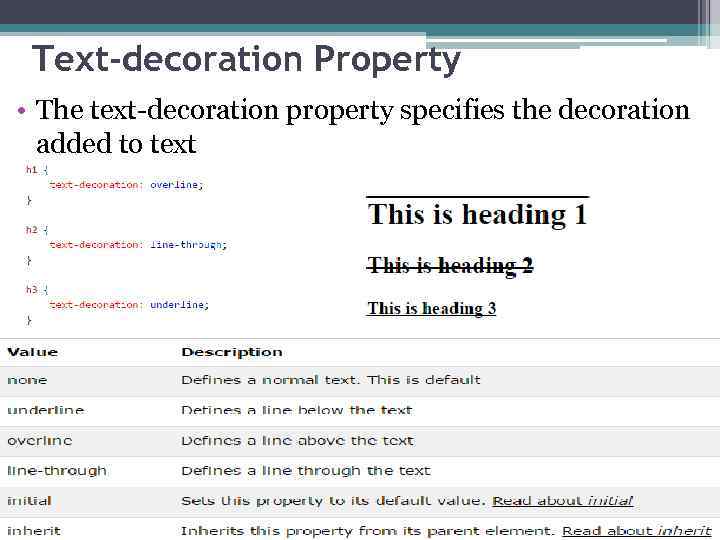  Text-decoration Property • The text-decoration property specifies the decoration added to text 