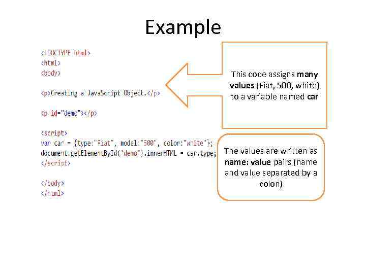 Example This code assigns many values (Fiat, 500, white) to a variable named car