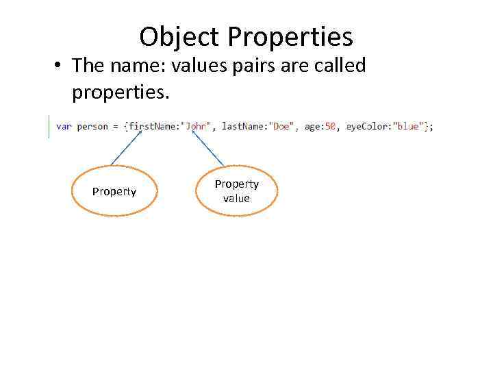 Object Properties • The name: values pairs are called properties. Property value 