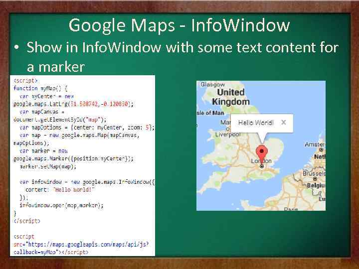 Google Maps - Info. Window • Show in Info. Window with some text content