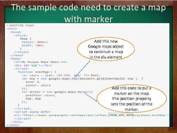 The sample code need to create a map with marker Add this new Google