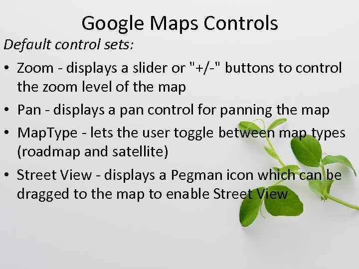 Google Maps Controls Default control sets: • Zoom - displays a slider or 