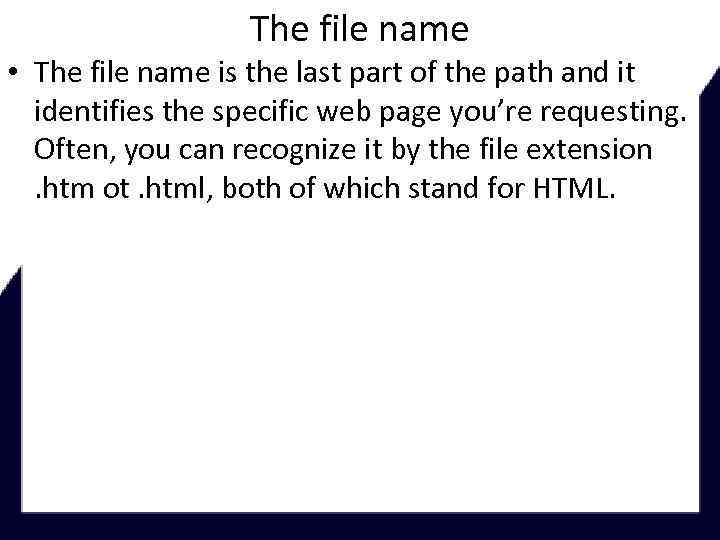 The file name • The file name is the last part of the path