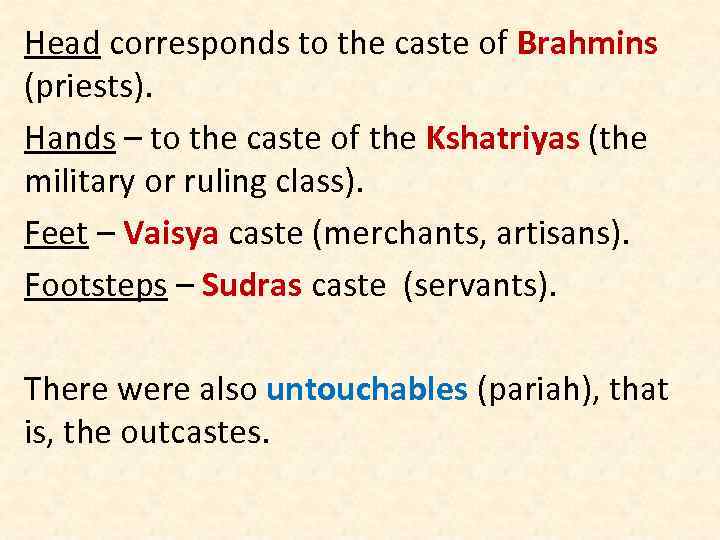 Head corresponds to the caste of Brahmins (priests). Hands – to the caste of