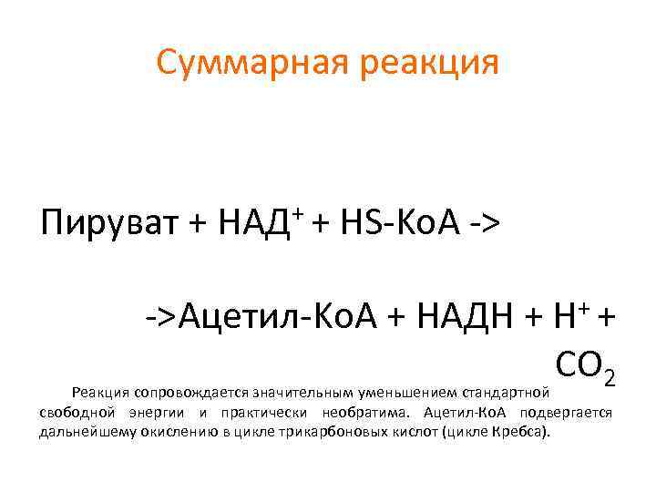 Суммарная реакция Пируват + ++ НАД HS-Ko. A -> ->Ацетил-Ko. A + НАДН +
