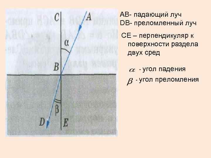  АВ- падающий луч DВ- преломленный луч СЕ – перпендикуляр к поверхности раздела двух