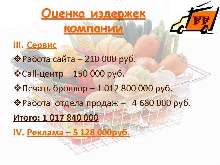 Оценка издержек компании III. Сервис v. Работа сайта – 210 000 руб. v. Call-центр
