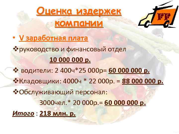 Оценка издержек компании • V заработная плата vруководство и финансовый отдел 10 000 р.