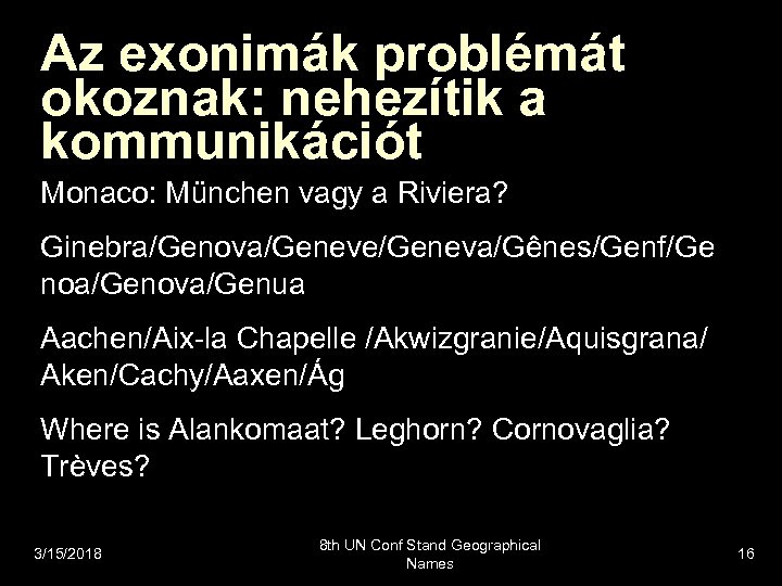 Az exonimák problémát okoznak: nehezítik a kommunikációt Monaco: München vagy a Riviera? Ginebra/Genova/Geneve/Geneva/Gênes/Genf/Ge noa/Genova/Genua