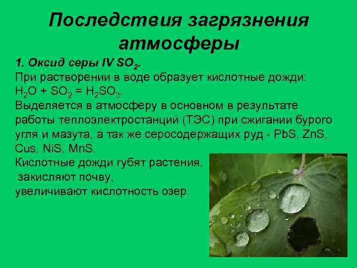 Последствия загрязнения атмосферы 1. Оксид серы IV SO 2. При растворении в воде образует