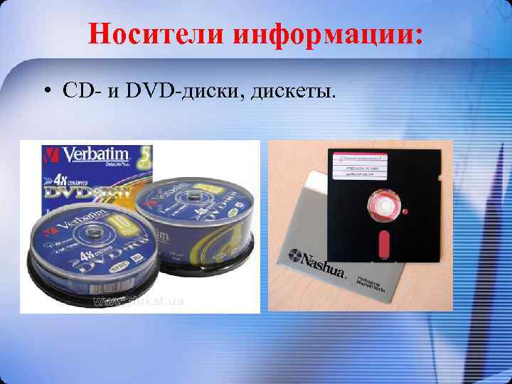 Носители информации: • CD- и DVD-диски, дискеты. 