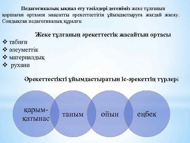 Педагогикалық ықпал ету тәсілдері дегеніміз жеке тұлғанын қоршаған ортамен мақсатты әрекеттестігін ұйымдастыруға жағдай жасау.