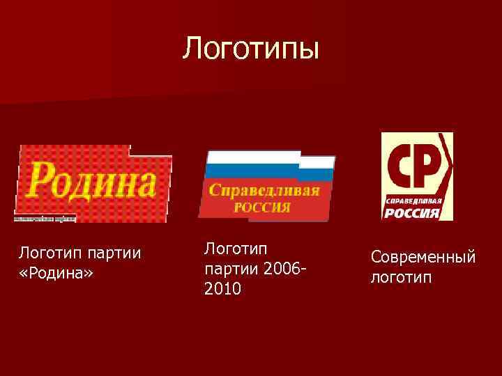 Логотипы Логотип партии «Родина» Логотип партии 20062010 Современный логотип 