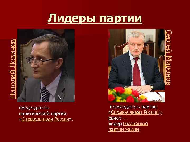 Лидеры партии Николай Левичев Сергей Миронов председатель политической партии «Справедливая Россия» . председатель партии