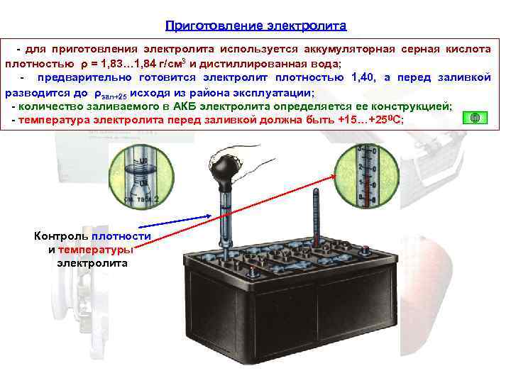 Приготовление электролита - для приготовления электролита используется аккумуляторная серная кислота плотностью ρ = 1,