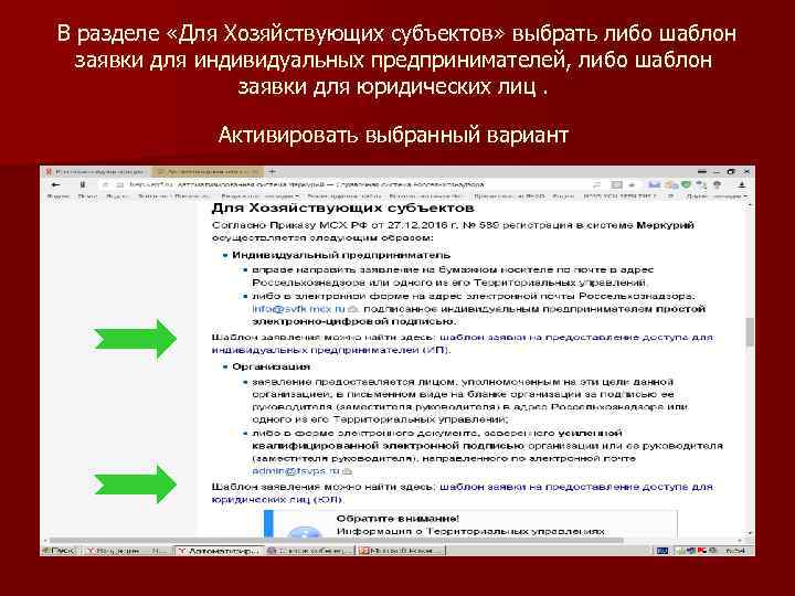 В разделе «Для Хозяйствующих субъектов» выбрать либо шаблон заявки для индивидуальных предпринимателей, либо шаблон