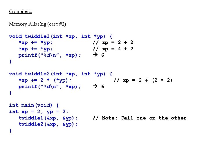 Compilers: Memory Aliasing (case #2): void twiddle 1(int *xp, int *xp += *yp; printf(“%dn”,