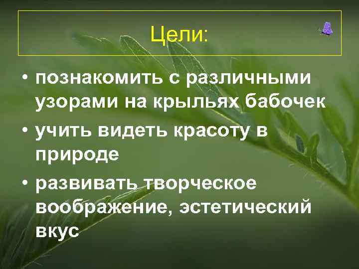 Цели: • познакомить с различными узорами на крыльях бабочек • учить видеть красоту в