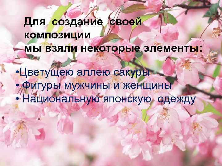 Для создание своей композиции мы взяли некоторые элементы: • Цветущею аллею сакуры • Фигуры