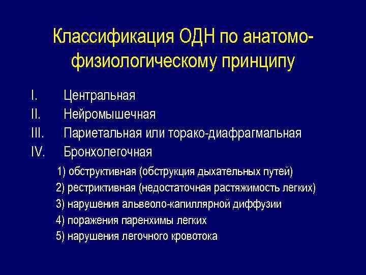 Классификация ОДН по анатомофизиологическому принципу I. III. IV. Центральная Нейромышечная Париетальная или торако-диафрагмальная Бронхолегочная