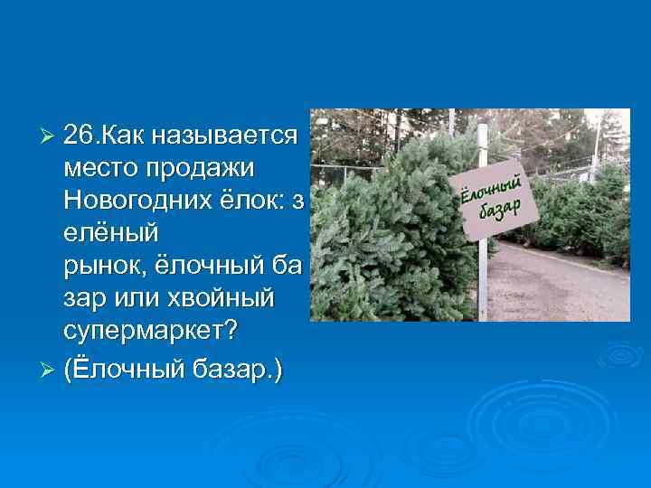 Ø 26. Как называется место продажи Новогодних ёлок: з елёный рынок, ёлочный ба зар