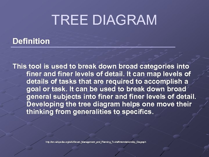 TREE DIAGRAM Definition This tool is used to break down broad categories into finer