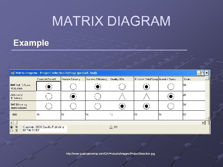 MATRIX DIAGRAM Example http: //www. qualityamerica. com/QAProducts/images/Project. Selection. jpg 