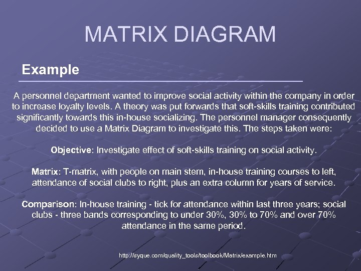 MATRIX DIAGRAM Example A personnel department wanted to improve social activity within the company