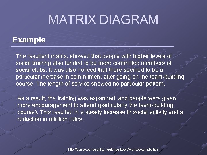 MATRIX DIAGRAM Example The resultant matrix, showed that people with higher levels of social