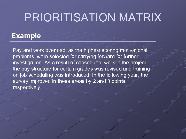 PRIORITISATION MATRIX Example Pay and work overload, as the highest scoring motivational problems, were