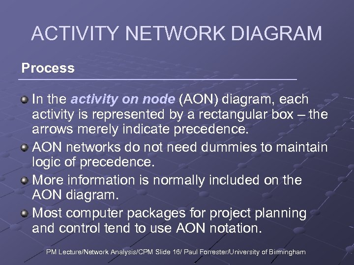 ACTIVITY NETWORK DIAGRAM Process In the activity on node (AON) diagram, each activity is