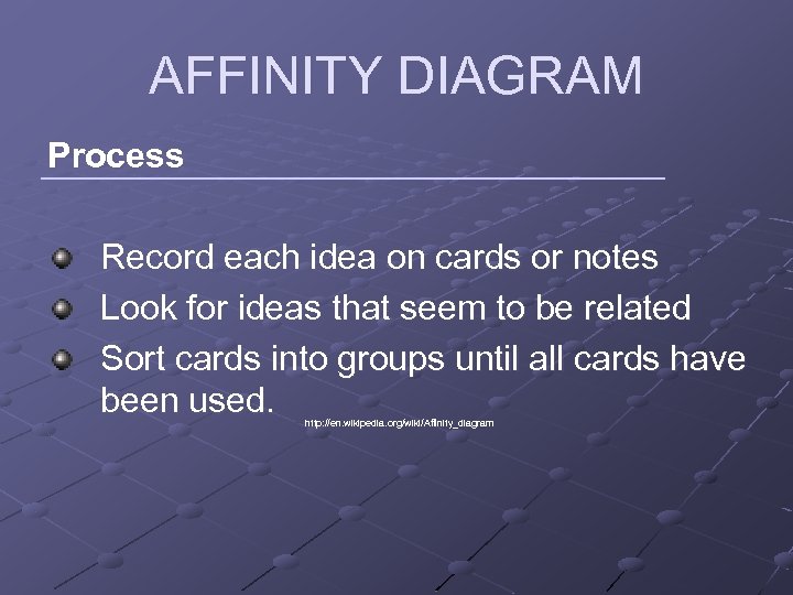 AFFINITY DIAGRAM Process Record each idea on cards or notes Look for ideas that