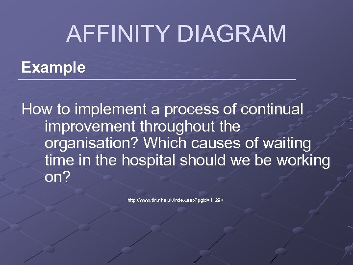 AFFINITY DIAGRAM Example How to implement a process of continual improvement throughout the organisation?