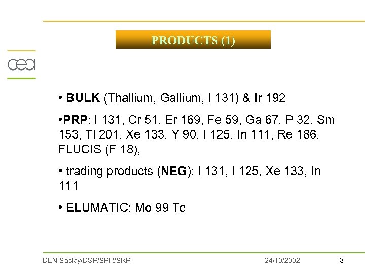 PRODUCTS (1) • BULK (Thallium, Gallium, I 131) & Ir 192 • PRP: I