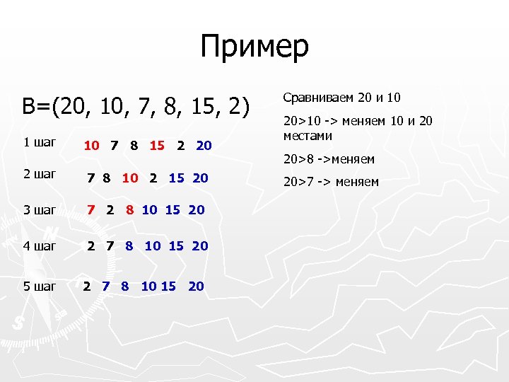 Пример В=(20, 10, 7, 8, 15, 2) 1 шаг 10 7 8 15 2