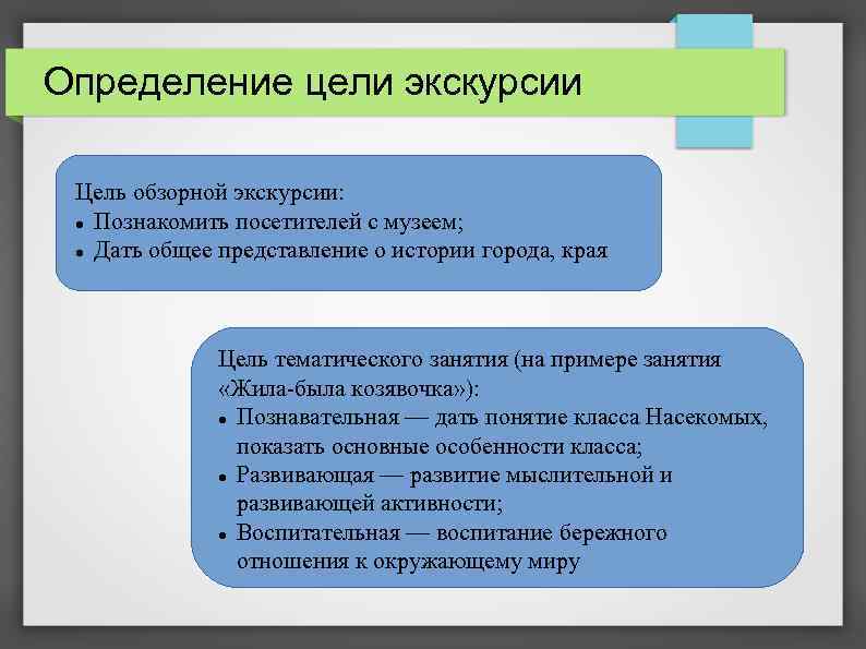 Определение цели экскурсии Цель обзорной экскурсии: Познакомить посетителей с музеем; Дать общее представление о
