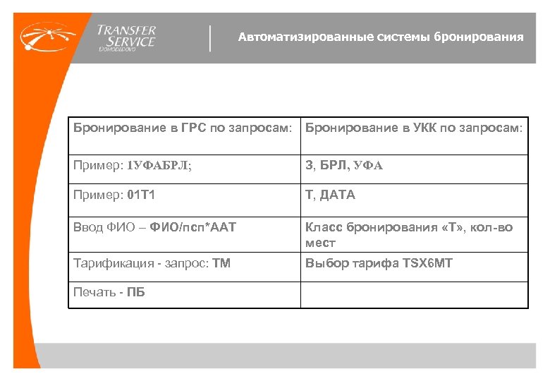 Автоматизированные системы бронирования Бронирование в ГРС по запросам: Бронирование в УКК по запросам: Пример: