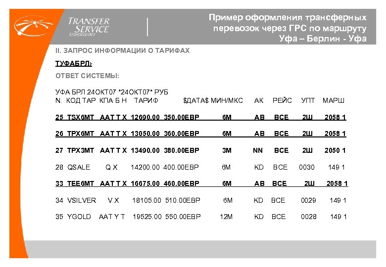 Пример оформления трансферных перевозок через ГРС по маршруту Уфа – Берлин - Уфа II.