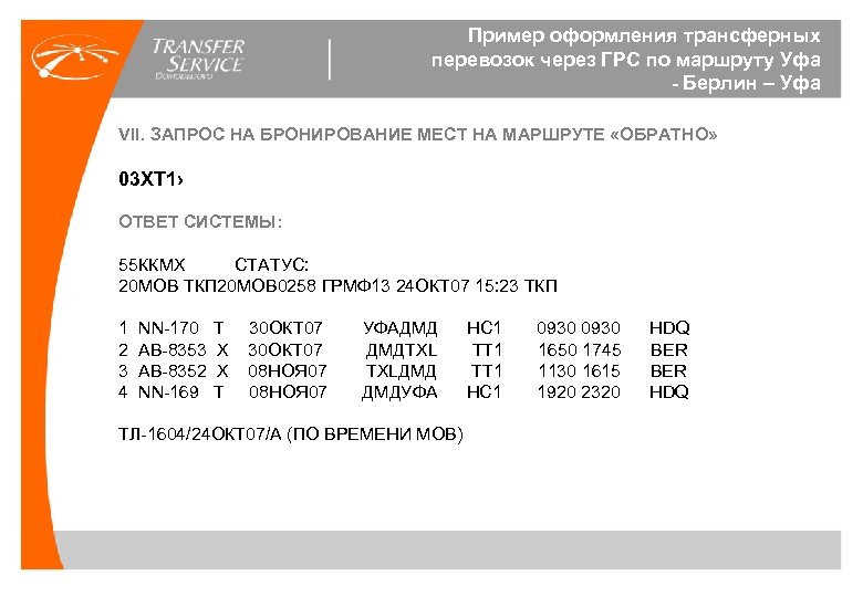 Пример оформления трансферных перевозок через ГРС по маршруту Уфа - Берлин – Уфа VII.