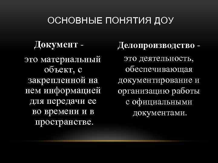 ОСНОВНЫЕ ПОНЯТИЯ ДОУ Документ это материальный объект, с закрепленной на нем информацией для передачи