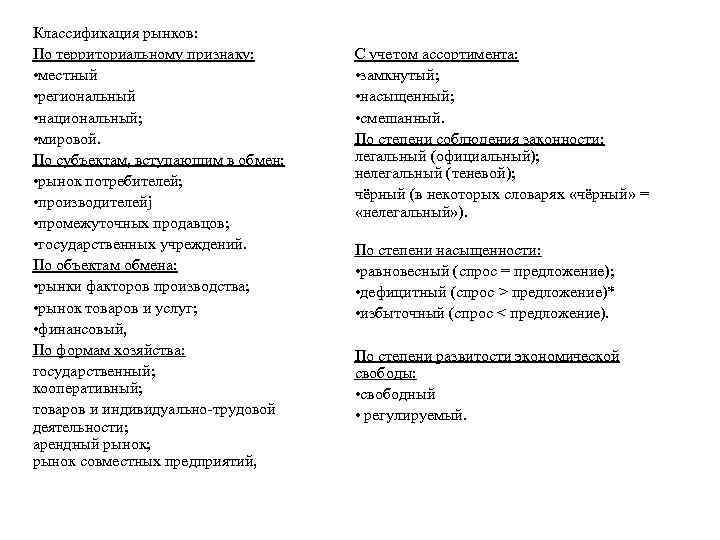 Классификация рынков: По территориальному признаку: • местный • региональный • национальный; • мировой. По