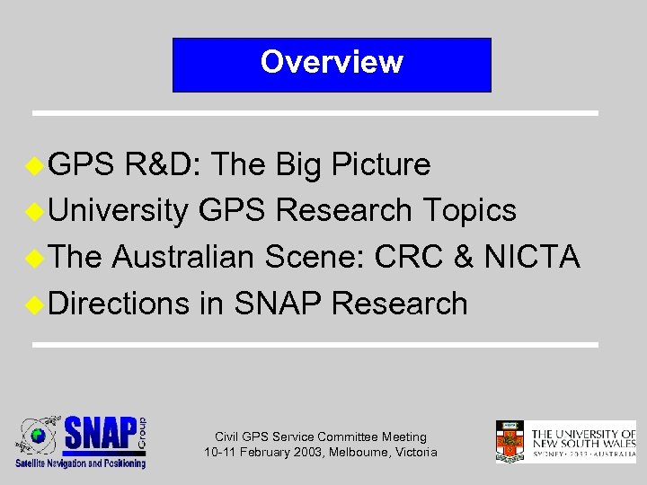 Overview u. GPS R&D: The Big Picture u. University GPS Research Topics u. The