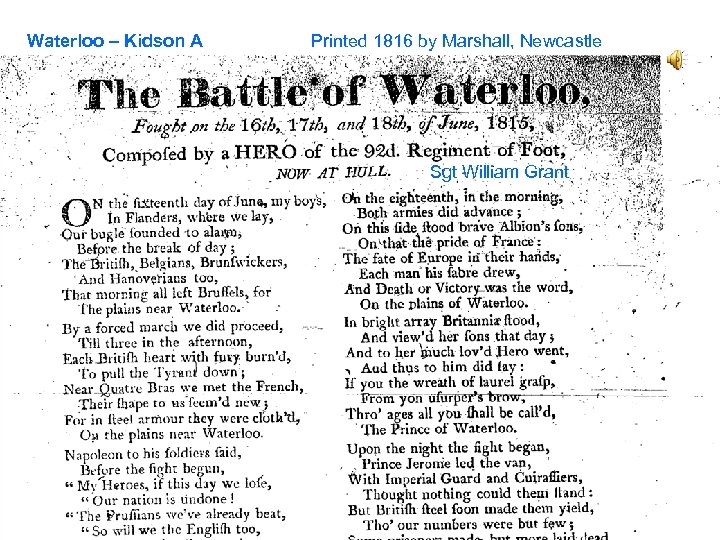 Waterloo – Kidson A Printed 1816 by Marshall, Newcastle Sgt William Grant 