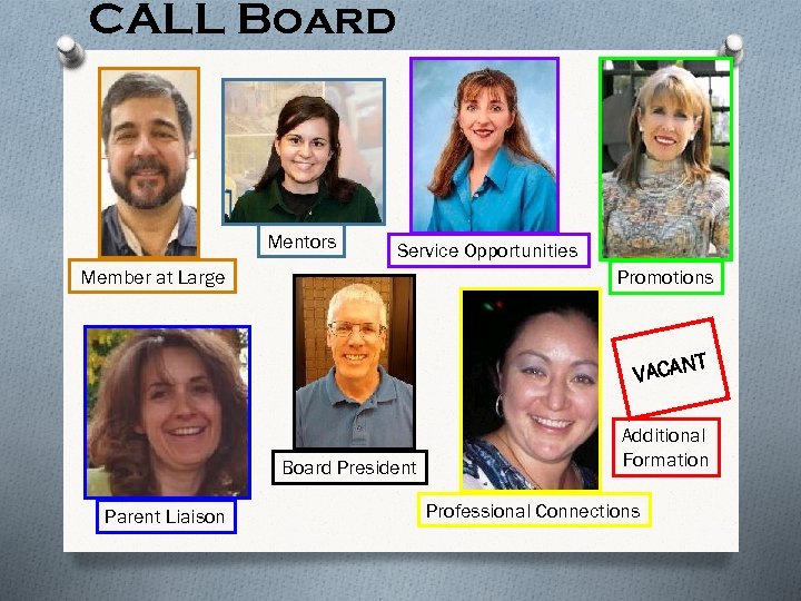 CALL Board Mentors Service Opportunities Member at Large Promotions T VACAN Board President Parent
