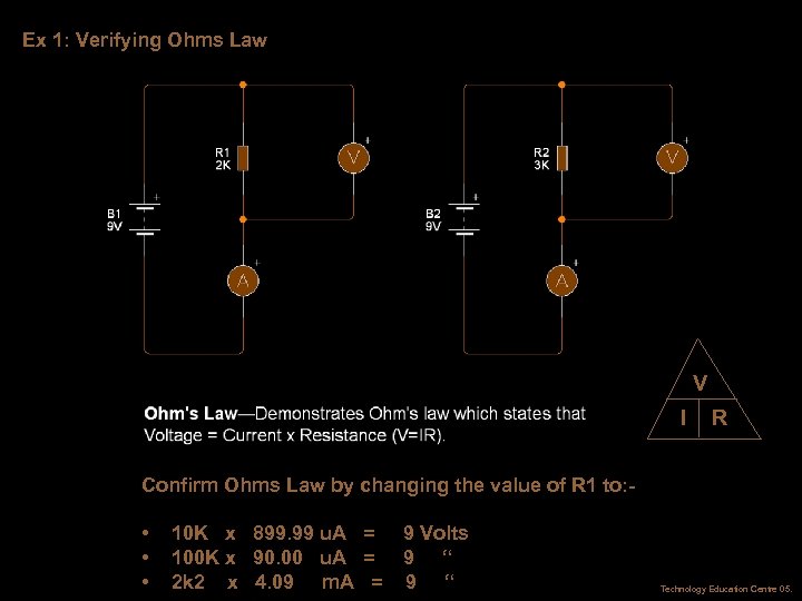 Ex 1: Verifying Ohms Law V I R Confirm Ohms Law by changing the