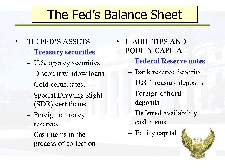 The Fed’s Balance Sheet • THE FED’S ASSETS – Treasury securities – U. S.