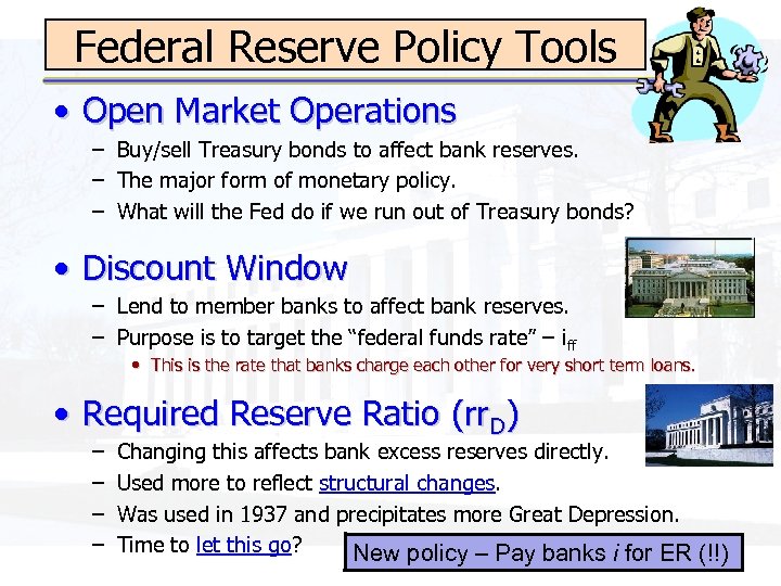 Federal Reserve Policy Tools • Open Market Operations – Buy/sell Treasury bonds to affect