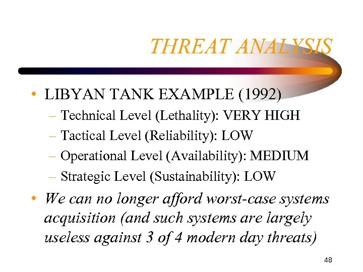 THREAT ANALYSIS • LIBYAN TANK EXAMPLE (1992) – Technical Level (Lethality): VERY HIGH –