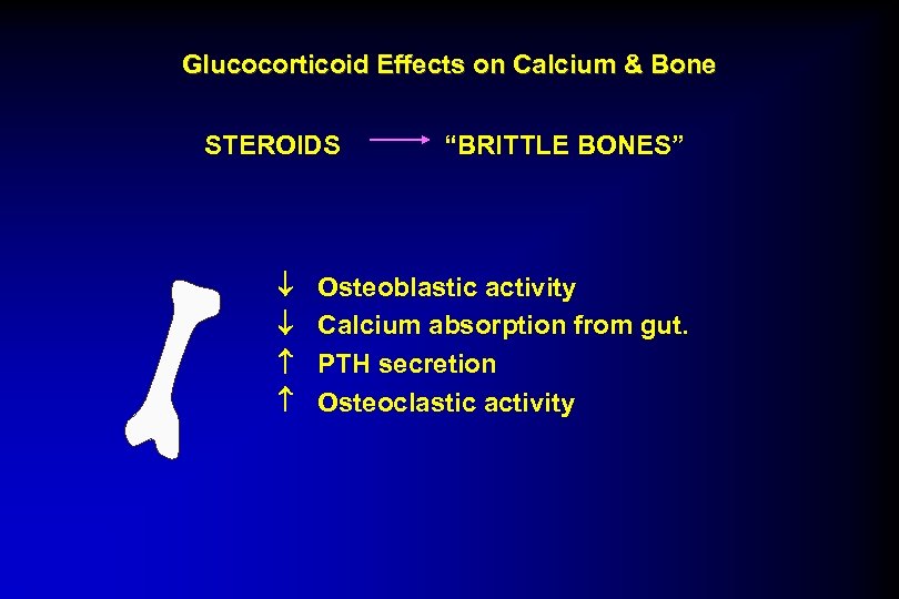 Glucocorticoid Effects on Calcium & Bone STEROIDS “BRITTLE BONES” Osteoblastic activity Calcium absorption from
